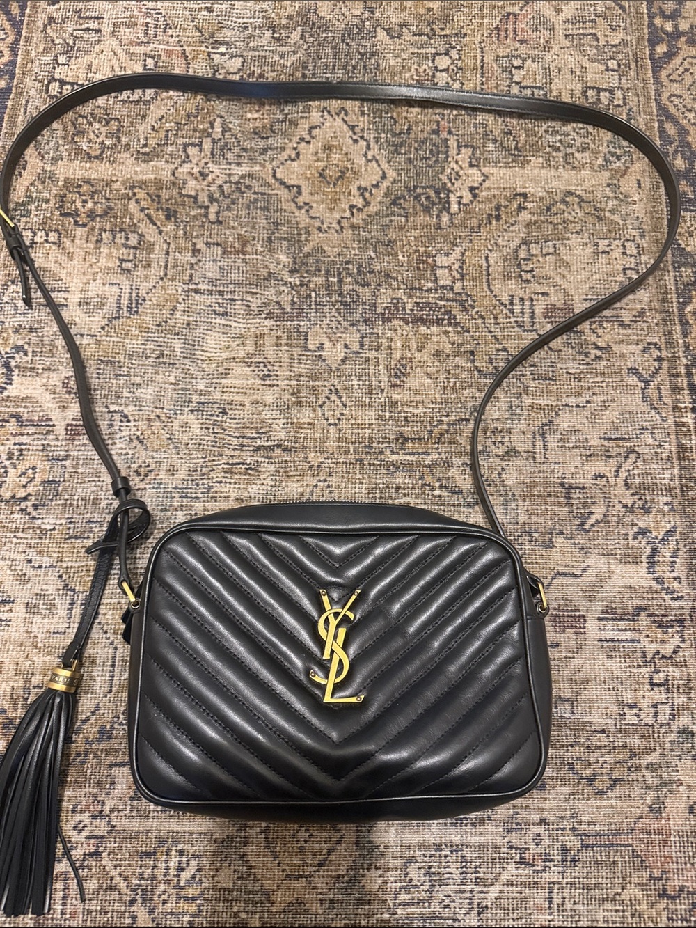 Saint Laurent Black Quilted Leather Camera Bag with Gold YSL Logo and Tassel